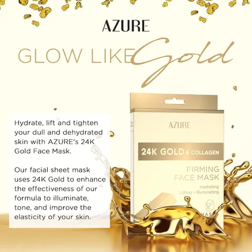 Vista 3 de Azure Cosmetics Máscara Facial Reafirmante de Oro de 24 Quilates - Antienvejecimiento, Hidratante, Tonificante y Reafirmante - Hoja Facial - Ayuda a