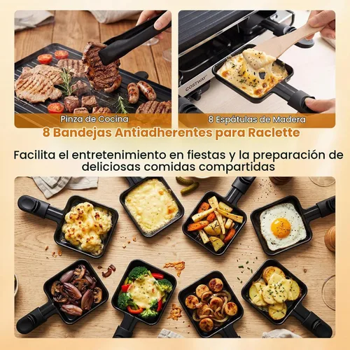 Vista 4 de COSTWAY Raclette - Parrilla para mesa 8, 2 en 1 con placa antiadherente reversible, 8 sartenes para queso, 8 espátulas de madera, pinzas y control