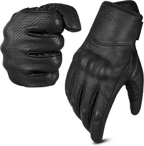 Vista 7 de Guantes de motocicleta para hombres y mujeres, dedo completo, color negro, perforado, de cuero, para pantalla táctil, guantes de motocicleta