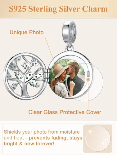 Vista 13 de Custom4U Photo Charms for Bracelets 925 Sterling Silver/Gold Plated Heart/Tree of Life/Round Charm Bead Personalized with Picture Custom