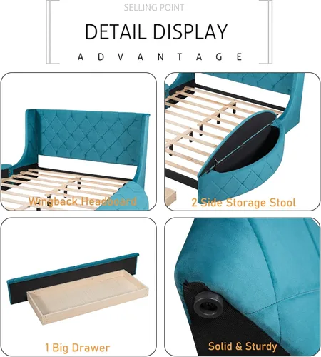 Vista 6 de Harper & Bright Designs Cama de plataforma tapizada tamaño Queen con un cajón grande y 2 taburetes de almacenamiento laterales, marco de cama