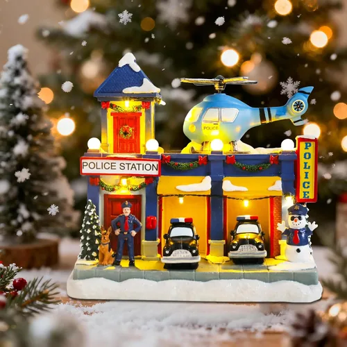Vista 4 de WONDER GARDEN Casas de pueblo navideño, casas de Navidad, aldea - Estación de policía musical iluminada, edificios coleccionables con automóvil