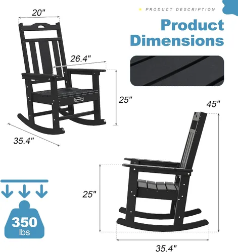 Vista 3 de nalone Juego de sillas mecedoras para exteriores de 2 piezas, silla mecedora resistente a todo clima de HDPE para porche, silla mecedora de patio