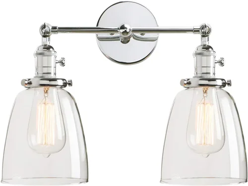 Vista 6 de PERMO Aplique doble vintage industrial antiguo 2 luces apliques de pared con cono ovalado pantalla de vidrio transparente (antiguo)