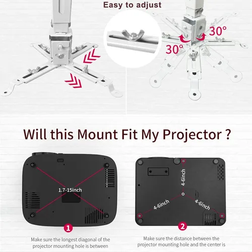 Vista 3 de Soporte de montaje para proyector de pared o techo con altura ajustable y soportes de brazos extensibles para proyector de hogar y oficina
