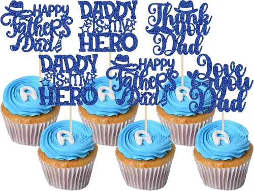Vista 10 de Gyufise 24 adornos para cupcakes con purpurina para el Día del Padre, diseño de bigote con purpurina, para papá, mejor papá, herramienta
