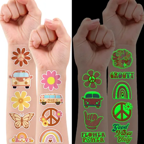 Vista 2 de 96 tatuajes temporales precortados de One Two Groovy de los años 60 y 70 para niños, suministros de fiesta temática de cumpleaños, decoración