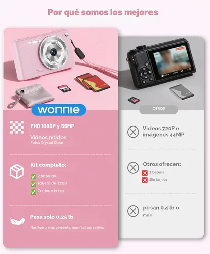 Vista 3 de WONNIE Cámara digital de 56 MP, FHD 1080P para apuntar y disparar con tarjeta SD de 32 GB, 2 baterías y cordón, ideal para niños y adolescentes