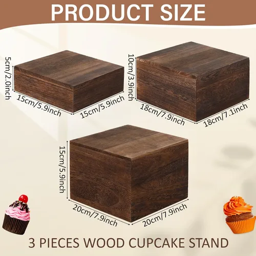Vista 2 de Barydat 3 soportes de madera para tartas rústicas, apilables, cuadrados, para cupcakes, base para mesa de bufé, postre, comida, cumpleaños, boda