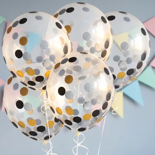 Vista 3 de Globos de látex de confeti, color negro transparente, dorado plateado de 12 Negro y plateado