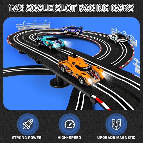Vista 3 de Conjuntos de pista de carreras de coches ranurados eléctricos - 1:43 conjuntos de pista de carreras con 4 coches ranurados con faros, 2