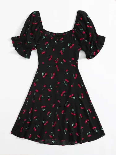Vista 2 de Floerns - Vestido corto acampanado, para mujer, para verano, con cordón, escote de corazón y manga abullonada