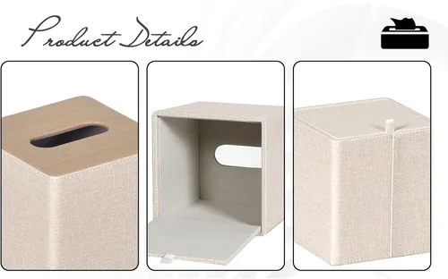 Vista 4 de Caja de pañuelos cuadrados para caja de pañuelos, paquete de 2 unidades, soporte de piel sintética para decoración de tocador de baño (beige)