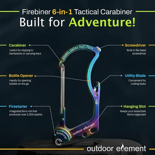 Vista 4 de OUTDOOR ELEMENT Firebiner Custom Engraved 6-in-1 Fire Starter Carabiner Multitool – Survival Gear EDC Keychain with Utility Blade, Bottle Opener