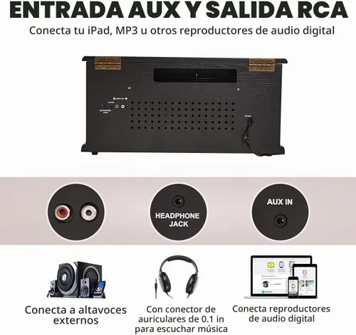 Vista 6 de ORCC Tocadiscos 10 en 1, tocadiscos nostálgicos para discos de vinilo con Bluetooth, 2 altavoces integrados, CD, cassette, radio AM/FM, USB, ranura