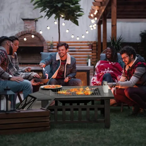 Vista 3 de Tangkula Chimenea 3 en 1 para exteriores, chimenea cuadrada de acero de 32 pulgadas con pantalla de chispa, rejilla de troncos, parrilla