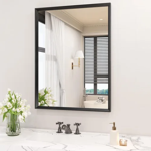 Vista 14 de JISOSO - Espejo de baño negro de 20x30 pulgadas con marco de metal negro, espejo de tocador rectangular redondeado con acabado mate para pared