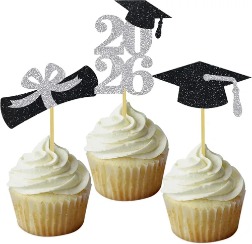 Vista 8 de Decoración para cupcakes de graduación, decoración de fiesta de graduación, selecciones de alimentos, felicitaciones, tapa de diploma con purpurina