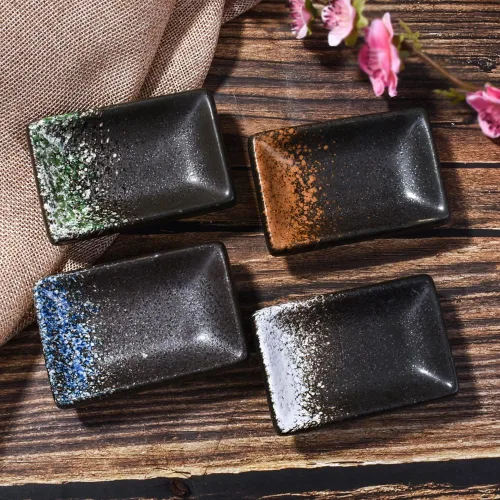 Vista 5 de Juego de 4 platos de cerámica para salsa de soja, rectangulares pequeños de 3.35 pulgadas, platos de inmersión de sushi con textura