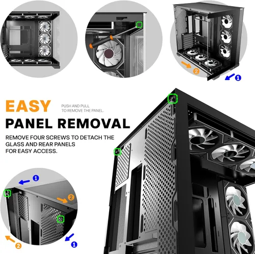 Vista 11 de PC CASE 9 PWM ARGB Ventiladores preinstalados, funda de PC para juegos de media torre, carcasa panorámica de vidrio templado para computadora