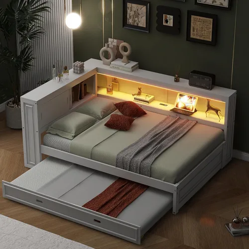 Vista 10 de SOFTSEA Sofá cama esquinera de tamaño matrimonial con nido y estantería, sofá cama en forma de L con luces LED y puertos USB, marco de cama Antique