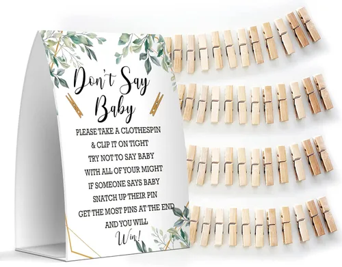 Vista 15 de Juego de texto en inglés "Don't Say Baby", un letrero de 5 x 7 pulgadas y 50 mini pinzas para la ropa, juegos de baby shower, decoración de baby