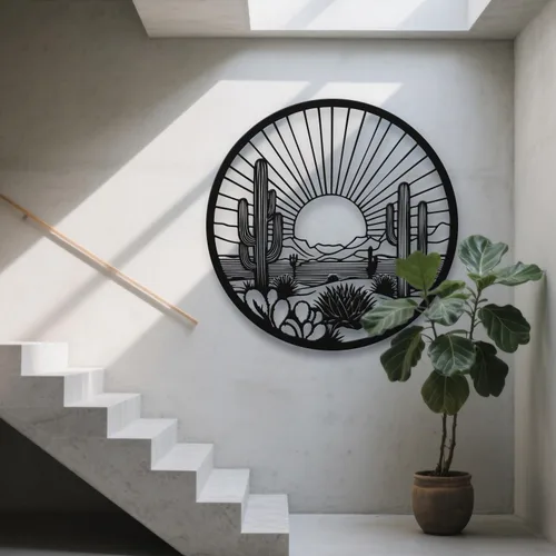 Vista 4 de Arte de pared de metal de cactus del desierto, decoración de pared redonda del desierto con diseño de cactus y puesta de sol, arte de pared de metal