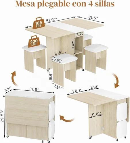 Vista 2 de furlinkhm Juego de mesa de comedor plegable para 4, mesa de comedor con 4 sillas y estantes de cuero, mesa de comedor plegable que ahorra espacio