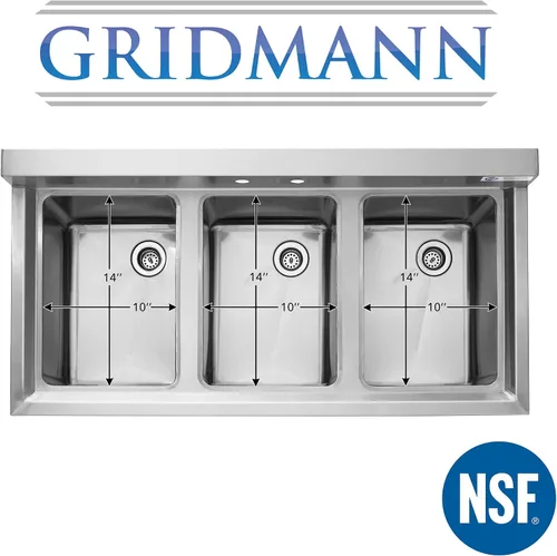 Vista 3 de Fregadero bajo comercial de acero inoxidable de 3 compartimentos NSF Gridmann