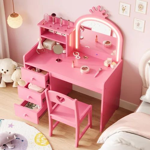 Vista 7 de Juego de mesa y silla para niños con espejo de luz y 3 cajones Rosa