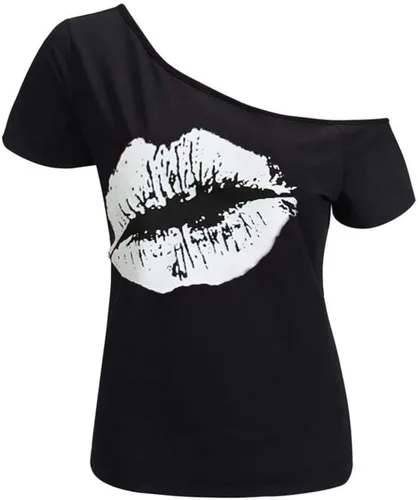 Vista 10 de MAGICMK - Camiseta casual para mujer, con estampado de labios y hombro descubierto, talla extragrande
