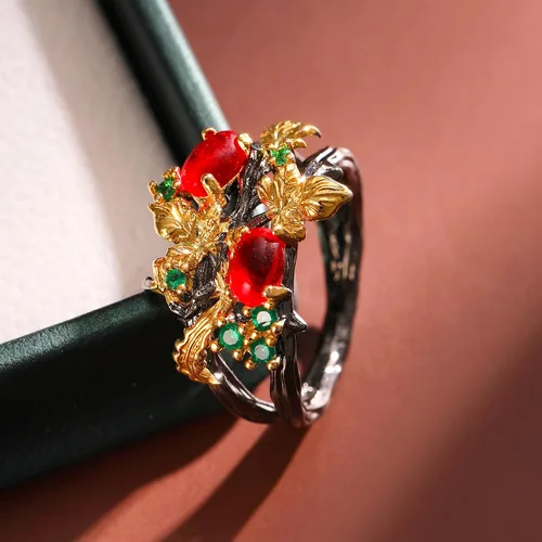 Vista 5 de Gothic Ruby Black Rings Women - Colorful Rhinestone Golden Leaf Copper Rings