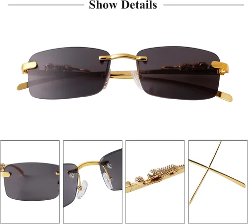 Vista 5 de Lentes de sol rectangulares sin montura vintage para mujeres y hombres, de metal dorado, sin marco, cuadradas, transparentes