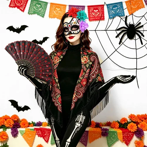 Vista 2 de Disfraz del Día de los Muertos de 4 piezas: chal mexicano, máscara