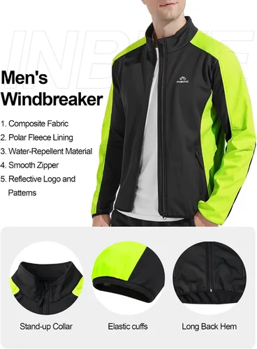 Vista 5 de INBIKE Chaqueta de ciclismo para hombre, chaqueta de ciclismo para correr, cortavientos reflectante, resistente al viento, forro polar para clima