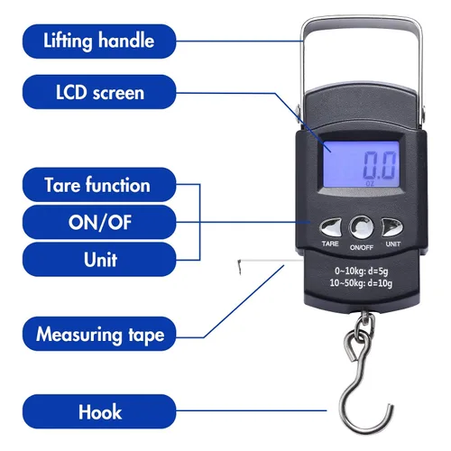 Vista 3 de Paquete de 2 básculas de pescado, báscula de peso portátil para equipaje con pantalla LCD retroiluminada, 110 libras 110.2 lbs, báscula electrónica