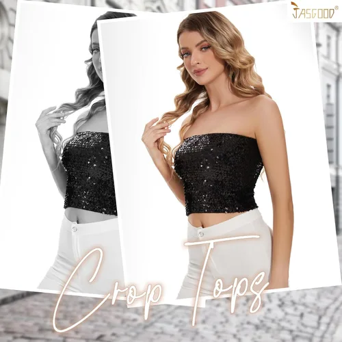 Vista 7 de JASGOOD Tops cortos de lentejuelas brillantes para mujer, tops de tubo metálicos sin tirantes, corsé de sirena con purpurina para fiesta y club