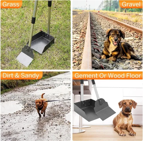Vista 7 de Pala para excrementos de mascotas, juego de pala y bandeja de aluminio con mango largo ajustable de acero inoxidable, pala para residuos de mascotas