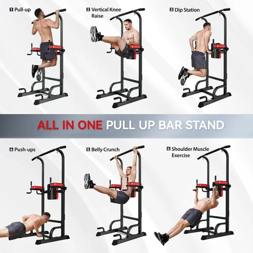 Vista 5 de Pooboo Power Tower Dip Station Pull Up Bar for Fitness Home Gym Workout,450 Pounds Multi-Function Adjustable Height Fitness Strength Training