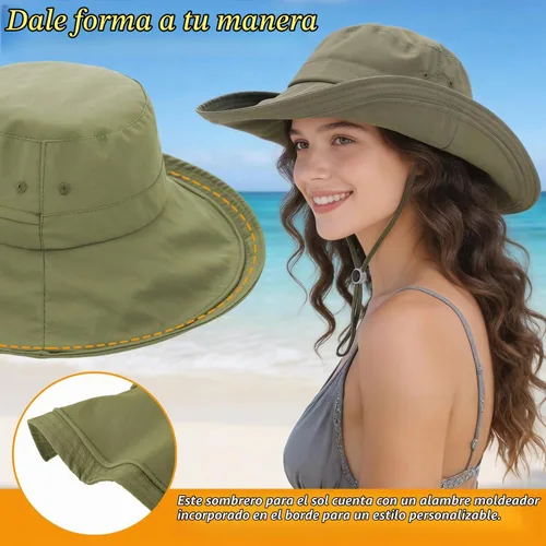 Vista 4 de Sombrero de ala ancha impermeable UPF 50+ para mujer con agujero para cola Verde militar