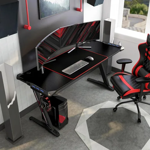 Vista 2 de Homes: Inside + Out Kindira - Escritorio moderno de acero para juegos con puertos USB, alfombrilla de mouse de PC y portavasos giratorio