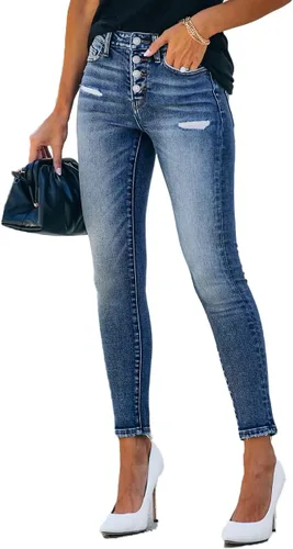 Vista 3 de Allimy Jeans de tiro alto, ajustados y elásticos para mujer, diseño de mezclilla, desgastados y rasgados