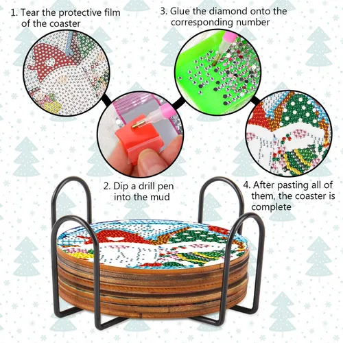 Vista 7 de Kit de 8 posavasos de pintura de diamante con soporte, posavasos de gnomo 5D de diamante, manualidades de arte de diamante, posavasos de diamante