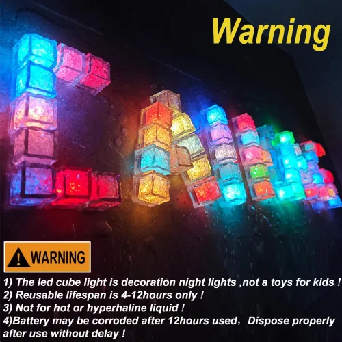 Vista 6 de Paquete de 120 cubitos de hielo iluminados, cubitos de hielo LED que brillan para bebidas con sensor de líquido, luces LED impermeables multicolor
