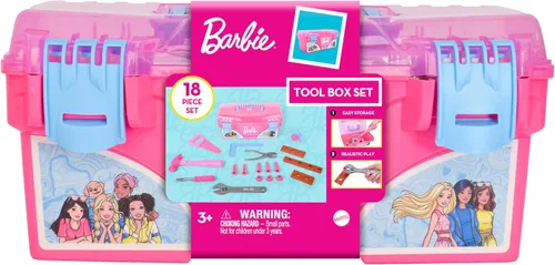 Vista 6 de Juego de caja de herramientas Barbie – Juego de herramientas de lujo de 18 piezas, herramientas de construcción de juego de simulación con cinta