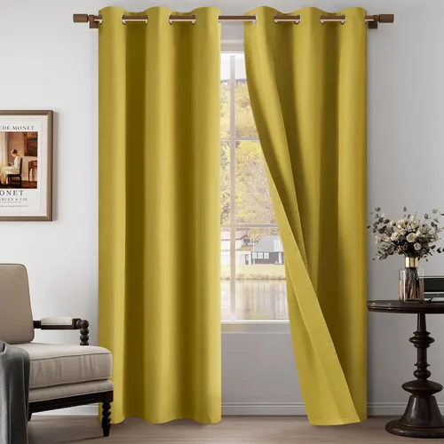 Vista 52 de Cortinas texturizadas de lino 100% opacas de 64 pulgadas de largo, juego de 2 paneles para granja, casa de campo, cortinas ligeras con ojales