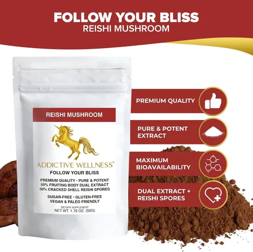 Vista 3 de Addictive Wellness Polvo de extracto de hongos Reishi + esporas (mezcla 50/50) cultivado en madera, puro y potente Ganoderma silvestre 50 g (1.76 oz)