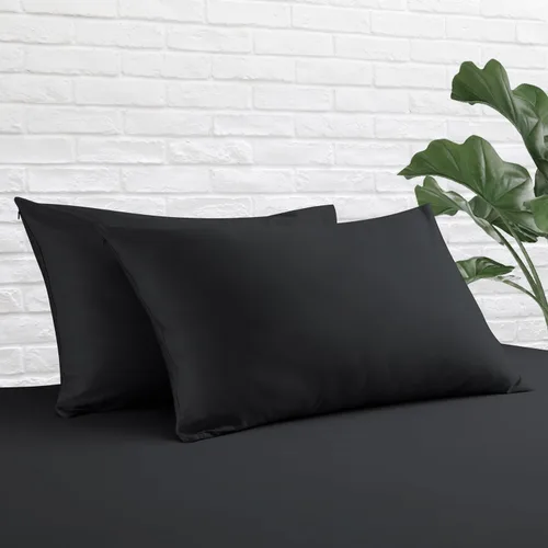 Vista 23 de Juego de 2 protectores de almohada estándar, 100% algodón egipcio con cremallera, 400 hilos, tejido satinado, algodón, color beige, fundas