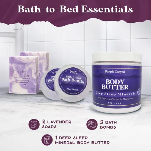Vista 2 de Purple Canyon Caja de regalo de 6 piezas de lavanda para baño a cama Bombas de baño, jabón y mantequilla corporal infundidas con magnesio