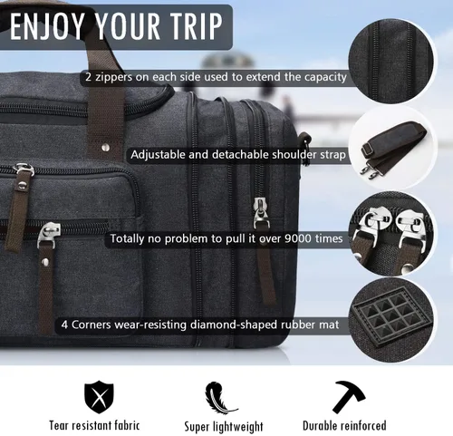 Vista 2 de Bolsa de viaje para hombre (lona, bolsa de fin de semana), Negro), A-001